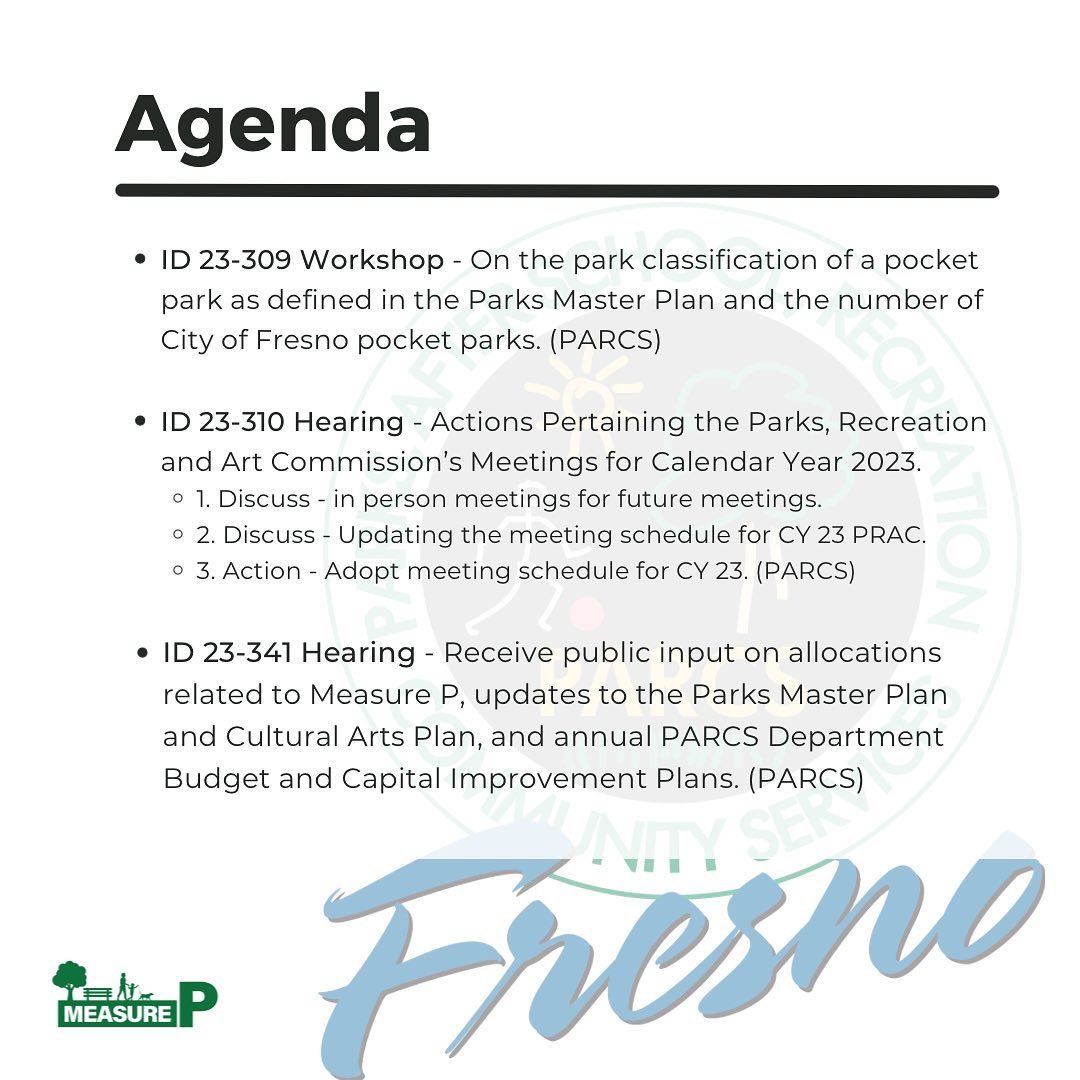 The Parks, Recreation, & Arts Commission meeting will take place tonight, Monday, February 27, 2023 at 5:30p.m
zoom.us/webinar/regist…
#SeeYouThen #MarkYourCalendar #FresnoPARCS