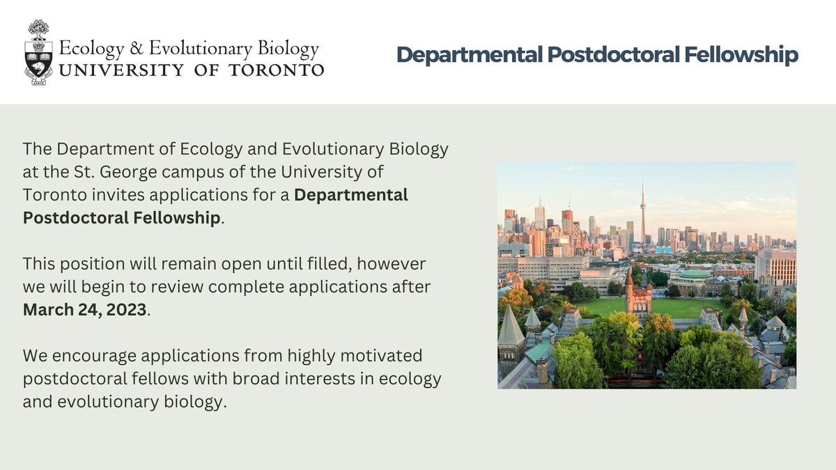 The Department of Ecology and Evolutionary Biology at the St. George campus @uoft invites applications for a Departmental Postdoctoral Fellowship.

➡️Please see eeb.utoronto.ca/employment for full details. 
➡️Please share widely!