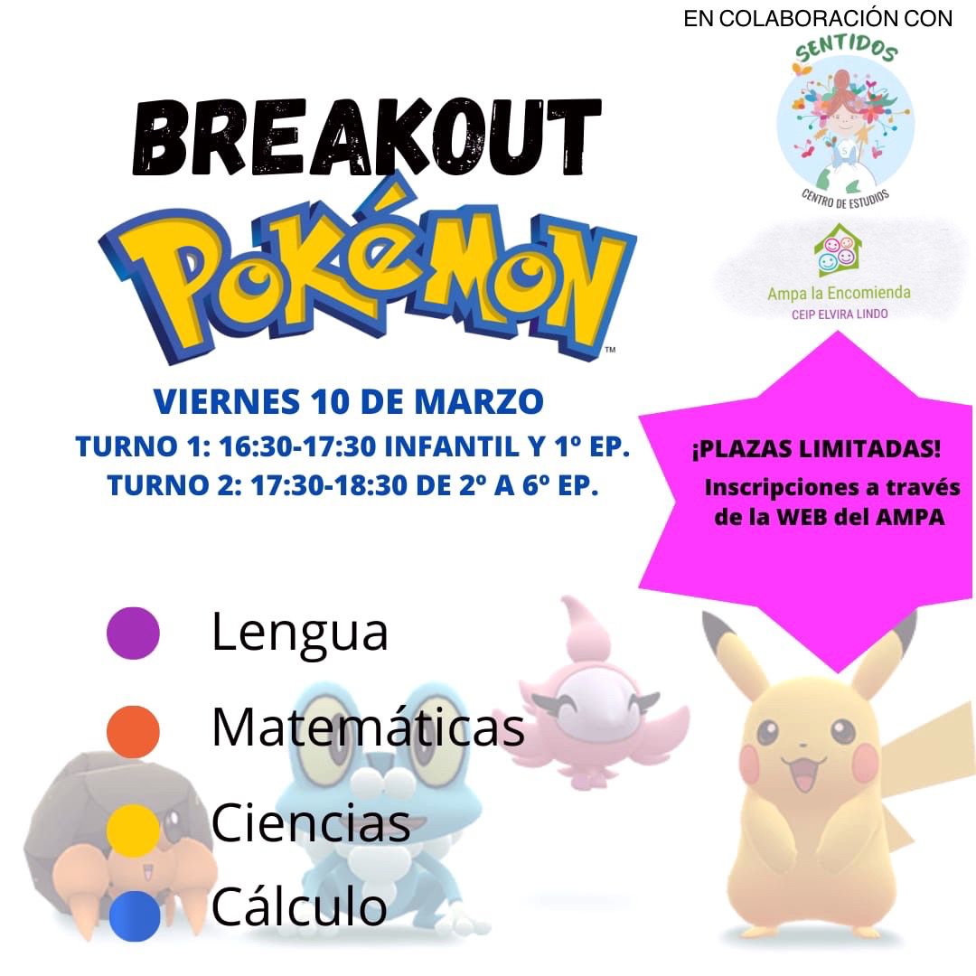 AMPA LA ENCOMIENDA - TALLER POKEMON Dia 10 de marzo, dos horarios para edades distintas. Más información e inscripciones en el blog ampa-la-encomienda.blogspot.com/2023/02/taller…