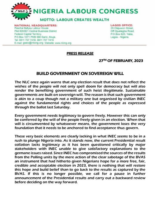 VictorIsrael_'s tweet photo. This is the 3rd Open Letter sent to INEC &amp; the FG in one day and it’s coming from the Nigerian Labour Congress (NLC)

Elections were rigged &amp; we all can see it even with our eyes closed 

My own is to tweet. Your own is to read. Share. Apply pressure. And stand on your mandate 📌 https://t.co/n8dolxJ89d