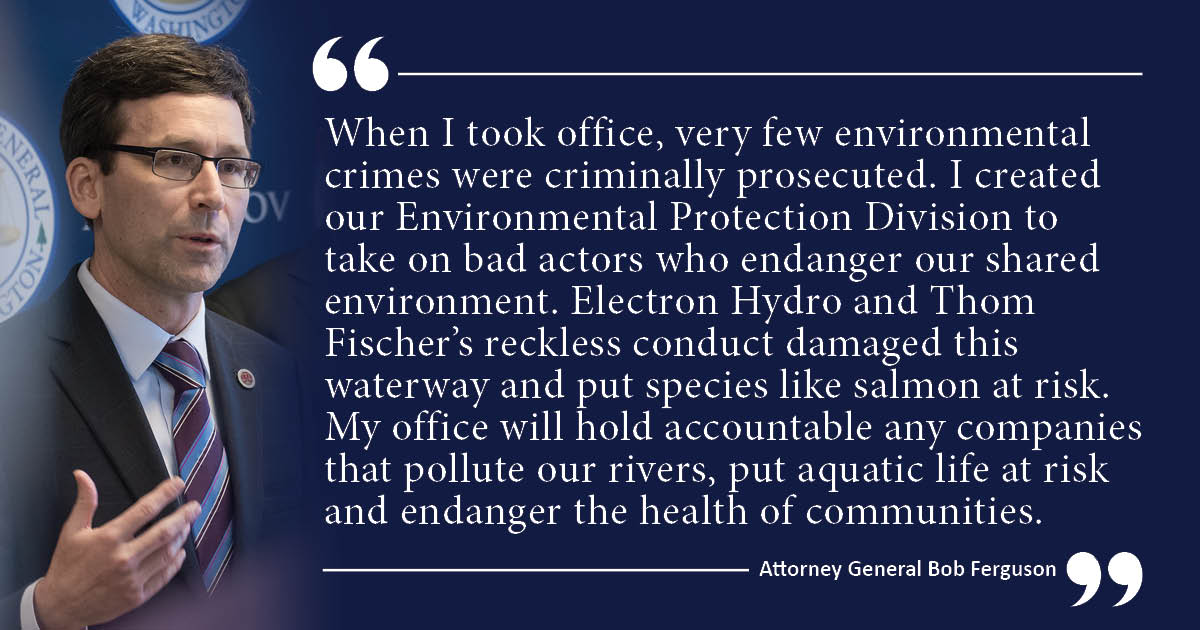 AGOWA's tweet image. Before trial today, Electron Hydro dam owner Thom Fischer and his company pleaded guilty to operating an unlawful hydraulic project. We recommended a sentence that will include $745,000 for projects to improve the health of the Puyallup River.
More here: atg.wa.gov/news/news-rele…