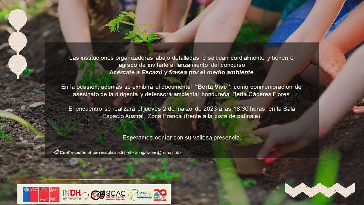 #PuntaArenas les esperamos el próximo 2 de marzo a las 18:30 hrs en el lanzamiento del concurso “Acércate a Escazú y frasea por el medio ambiente” <a href="/MMAMagallanes/">Seremi MMA Magallanes</a> <a href="/ScacMagallanes/">SCAC Magallanes</a> <a href="/UmagSustentable/">Umag_Sustentable</a> #Escazú #DDHH #Magallanes