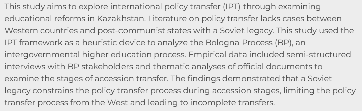 cpcs_journal's tweet image. JUST PUBLISHED:  International Policy Transfer in Post-Communist States: A Case from Kazakhstan
by Aray Ilyassova-Schoenfeld

Free to access for one week:
online.ucpress.edu/cpcs/article/5…

#Kazakhstan #highered #policytransfer #BolognaProcess