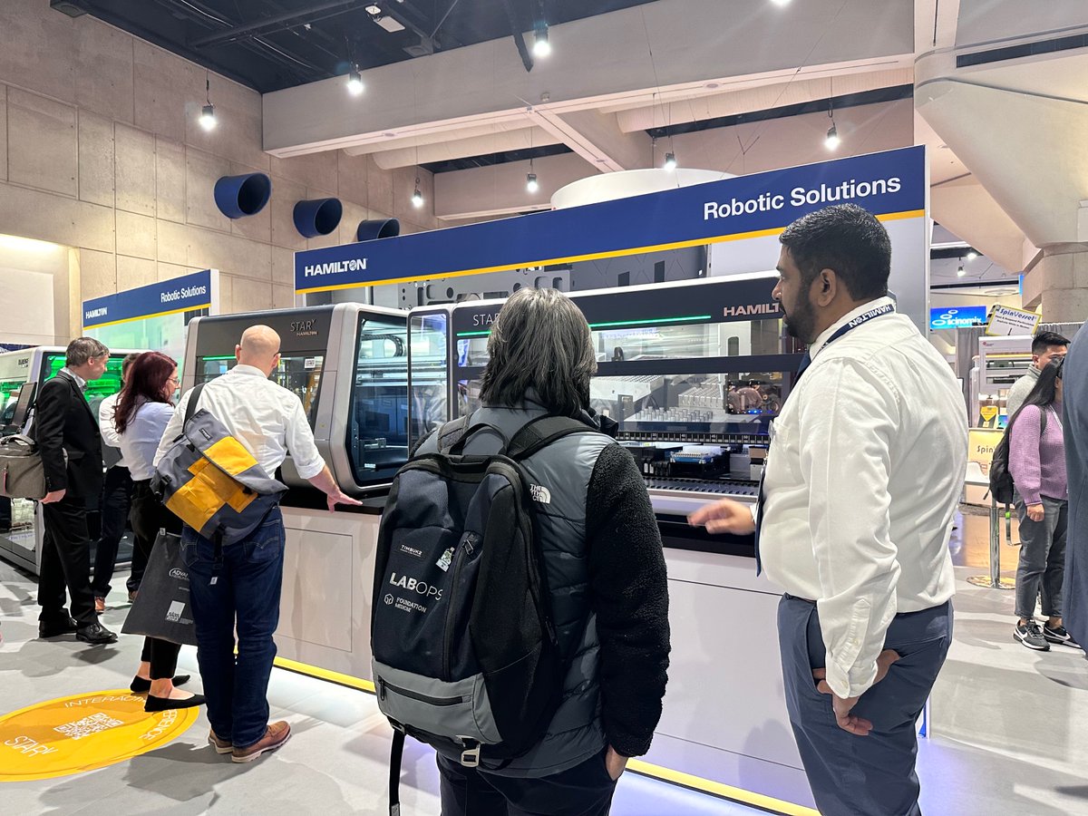 HamiltonRobotic's tweet image. Day 1 of SLAS is underway! Have you stopped by booth 1011 to see Hamilton’s lineup of laboratory solutions yet? Come visit our team to check out: 

🤖 The NEW Microlab STAR V
💻 Our updated VENUS software
❄️ The Verso Q20 Sample Storage System

#HamiltonCompany #SLAS2023 #SLAS