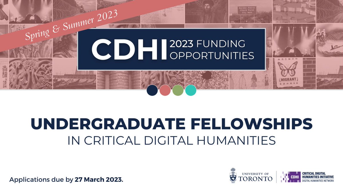 UofTDHN's tweet photo. 📣 Now accepting applications! Faculty members at #UofT are invited to apply to CDHI's Undergraduate Fellowships in Critical #DigitalHumanities. The program will embed student researchers within DH research projects for Spring &amp; Summer 2023. Learn more at https://t.co/UWs6nmMxqp. https://t.co/ONy55FYzE1