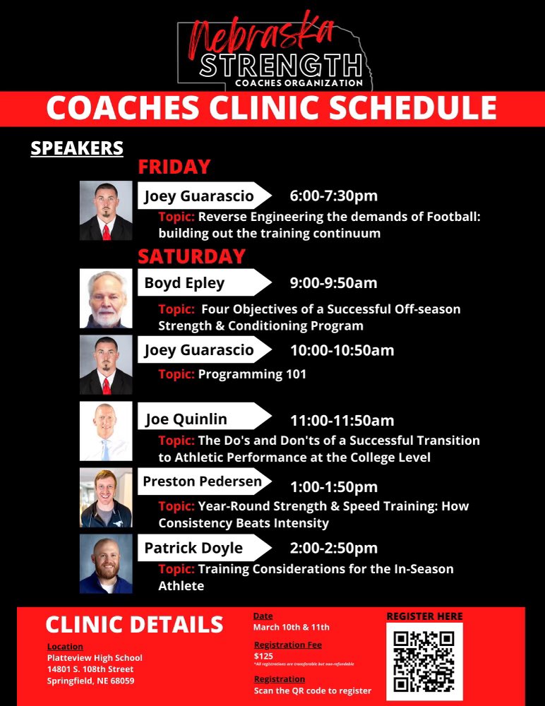 We are excited to present you with the full line up for the 2023 Nebraska Strength Coaches Clinic! If you have not registered, don’t miss out!

Registration can be found by scanning the QR code on the bottom of the photo.