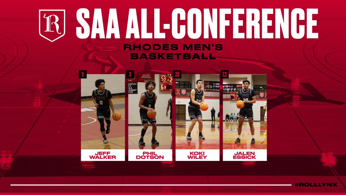 Much Deserved Recognition!
Congratulations to our 4 SAA All-Conference Members:

1st Team - Koki Wiley &amp; Jalen Essick

Honorable Mention - Jeff Walker &amp; Phil Dotson

#LevelUp #rolllynx #rhodesbasketball #lrd #saa #d3hoops #rhodescollege #rhodesathletics