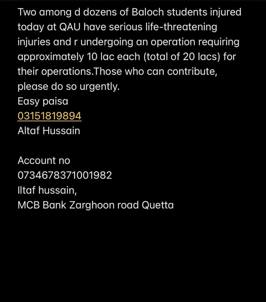 Asmat_Bal0ch's tweet photo. Contribute for the life of two Baloch students.
@BSC_FUUAST_Khi @BSC_Faisalabad @BSCUAF @BSC_Bahawalpur @BSCLahore @BSO__Official @BSAC_org @BSFront @AmnaBaloch24 @BSCRYK https://t.co/Hnaz0B72Ou