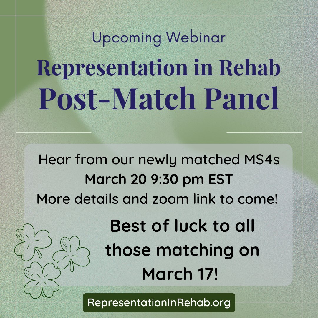 Applying to PM&R residency in an upcoming cycle? Mark your calendar for our virtual post-match panel on March 20! Follow us for more webinars and mentorship opportunities geared towards medical students interested in Rehab! #physiatry #match2024