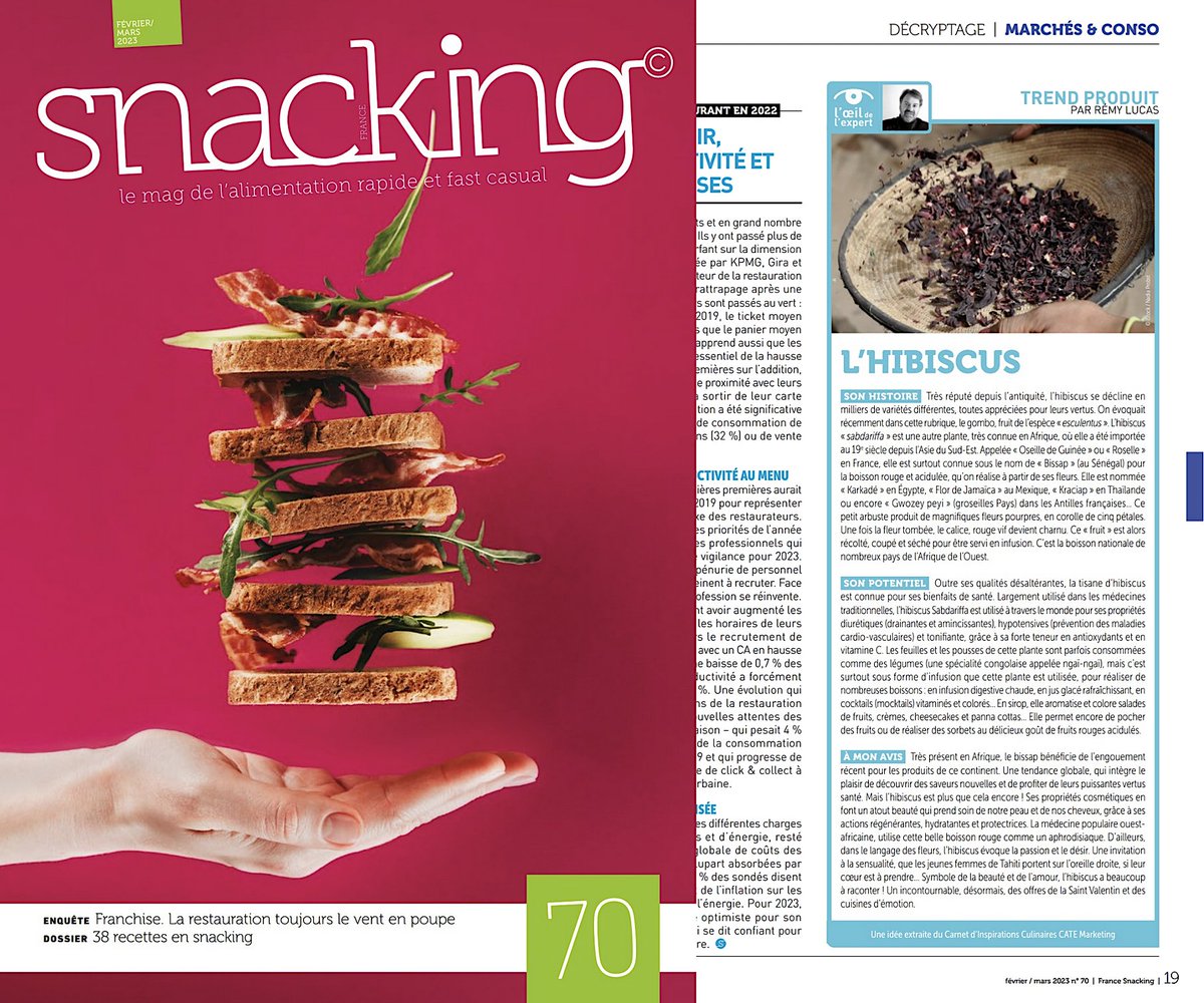 [On met Le Doigt sur] ... notre client @CateMarketing - avec son directeur associé Rémy Lucas - présente un nouveau Zoom #Tendances dans le dernier numéro @francesnacking : l'hibiscus. À lire sans modération.
bit.ly/3xXVCYU #CateMarketing #Snacking #InSnackingweTrust