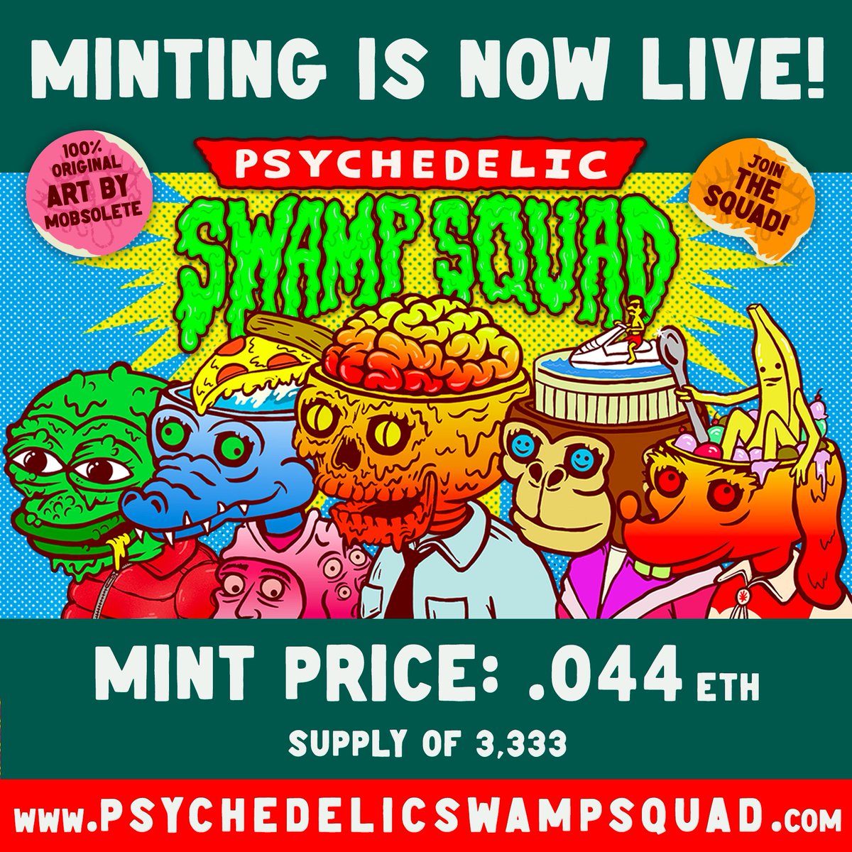 MINTING IS LIVE!!! Get yours today to be part of the Squad! <a href="/PsychSwampSquad/">Psychedelic Swamp Squad</a> by <a href="/mobsolete/">mobsolete</a>