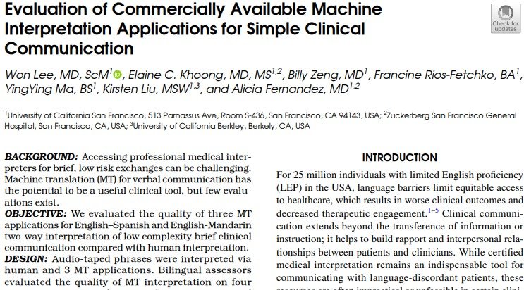 JGIM Journal of General Internal Medicine (@journalgim) on Twitter photo A team at <a href="/UCSF/">UC San Francisco</a> compared use of #machine #translation (inc <a href="/Google/">Google</a> <a href="/Microsoft/">Microsoft</a> & <a href="/Apple/">Apple</a>) for simulated conversations w/ Spanish/Chinese-speakers. No apps met designated threshold. Use professional interpreters for health equity. @wonbuddylee <a href="/elainekhoong/">Elaine Khoong</a> link.springer.com/article/10.100… A team at <a href="/UCSF/">UC San Francisco</a> compared use of #machine #translation (inc <a href="/Google/">Google</a> <a href="/Microsoft/">Microsoft</a> & <a href="/Apple/">Apple</a>) for simulated conversations w/ Spanish/Chinese-speakers. No apps met designated threshold. Use professional interpreters for health equity. @wonbuddylee <a href="/elainekhoong/">Elaine Khoong</a> link.springer.com/article/10.100…