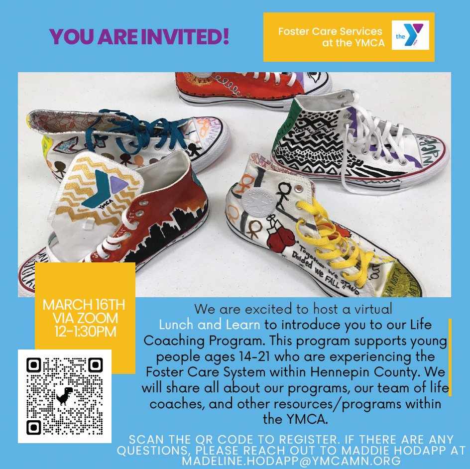 MPLSYCB's tweet photo. The YMCA are hosting a lunch &amp; learn to help you learn more about their Coaching Program! Their program helps young people ages 14-21 who are experiencing the foster care system. Register for their Zoom gathering here — https://t.co/JrcUqZSuy1 

@YMCAoftheNorth | #YouthWork https://t.co/upjHGkzhqj