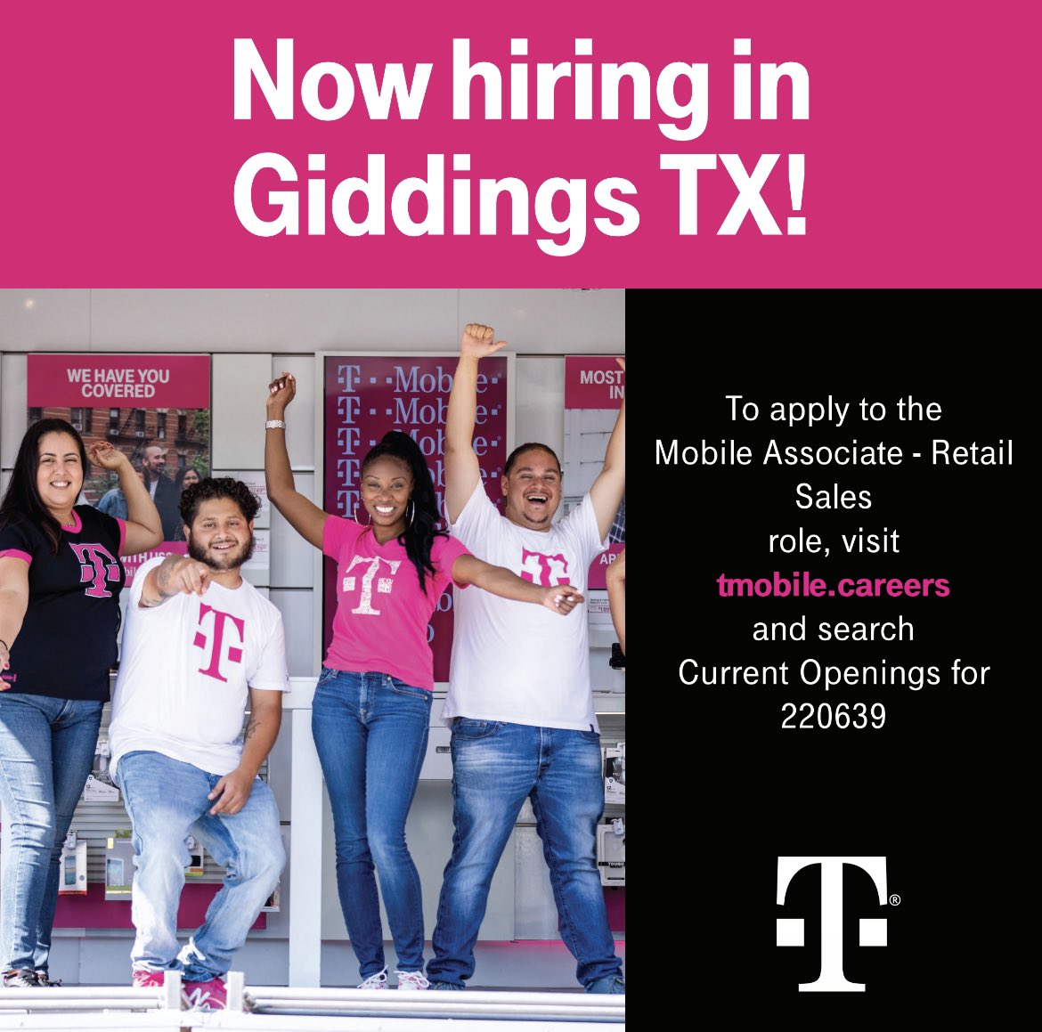 T-Mobile in #GiddingsTX has some spots open!! Apply online today!! careers.t-mobile.com/job-details/17…                           #LexingtonTX #LaGrangeTX #SmithvilleTX #BastropTX #BrenhamTX