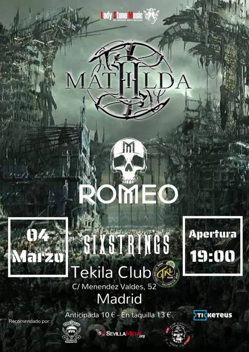 MetalGuardianes's tweet image. ⚡Concierto ⚡
#SixStrings, @RomeoOficialES
y #Mathilda tocarán el próximo sábado 4 de Marzo en la sala Tekila Club en Madrid
Entradas aqui ⬇️⬇️⬇️
ticketeus.com/events/mathild…