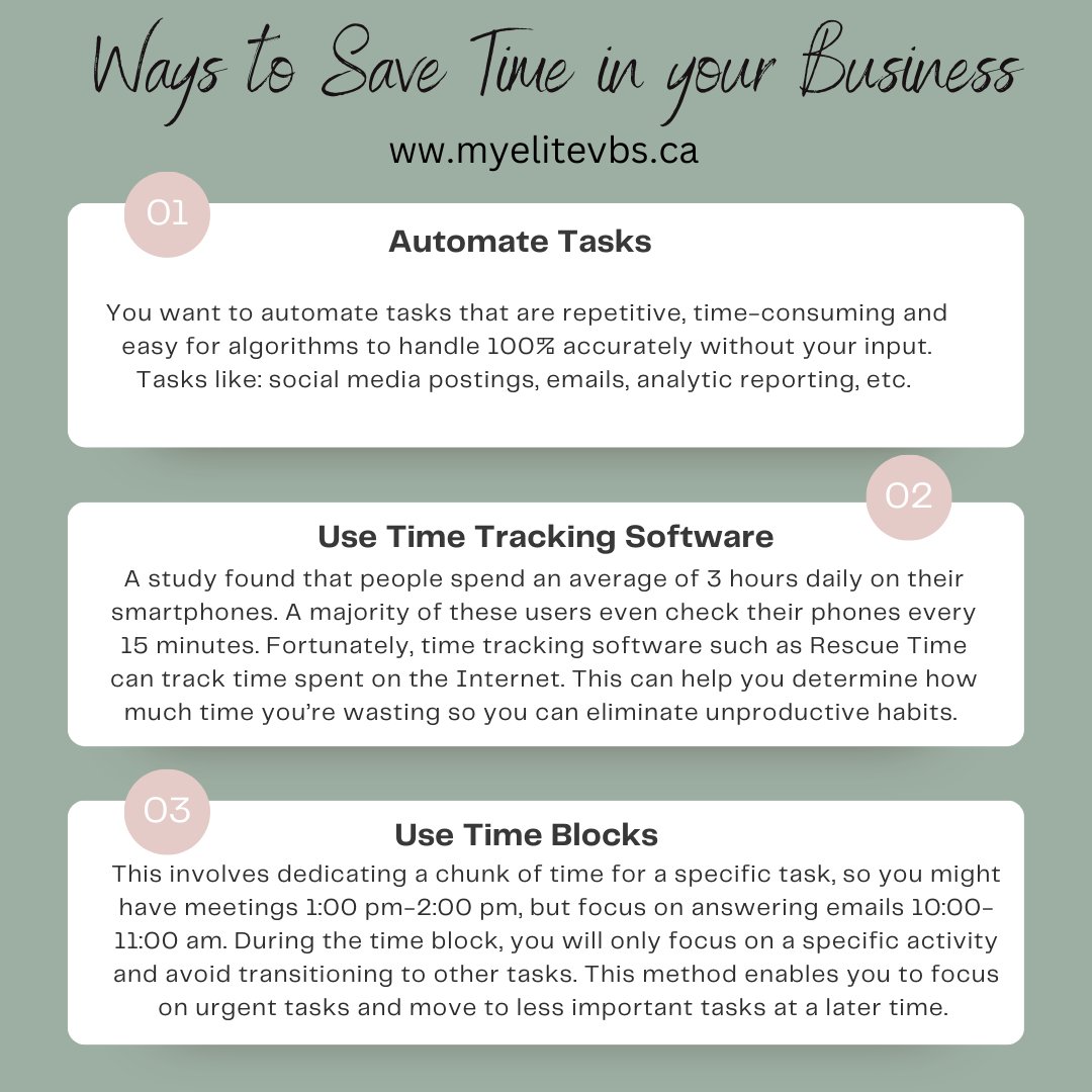 Ways to Save Time in your Business:

➡️ Automate tasks 
➡️ Use time tracking software
➡️ Delegate tasks 
➡️ Use time blocks 
➡️ Batch similar tasks 
➡️ Take a break

#myelitevbs #yeg #yegbusiness #virtualassistant #virtualassistantservices #virtualassistantforhire  #savetime