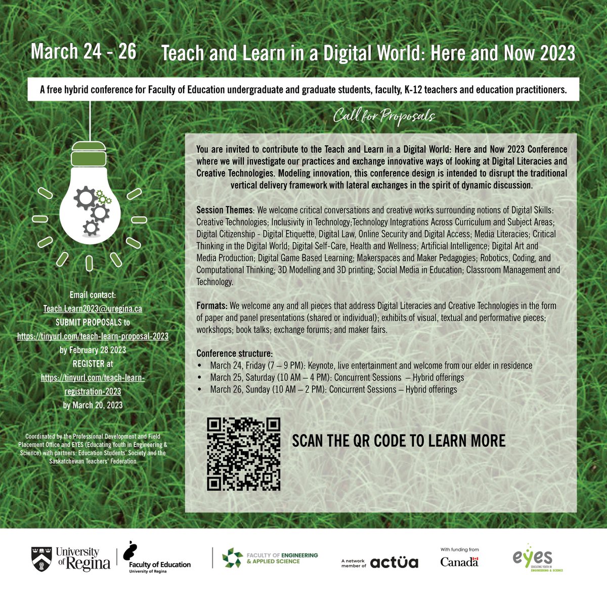 Teach and Learn in a Digital World: Here and Now 2023 **The call for proposals has been extended to March 6, 2023.**

Faculty of Education students and faculty, K-12 teachers and education practitioners are invited to submit your proposal to tinyurl.com/teach-learnreg…