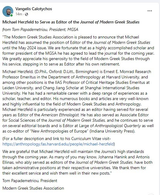 Michael Herzfeld is the '23 <a href="/MgsaOrg/">MGSAorg</a> editor! In '21, in recognition of his 'catalytic role'  in the systematic study of Greece by Anthropologists &amp; development/consolidation of the field of Modern Greek Studies in the US, UK, CA, &amp; AU, he was awarded Honorary Greek citizenship.