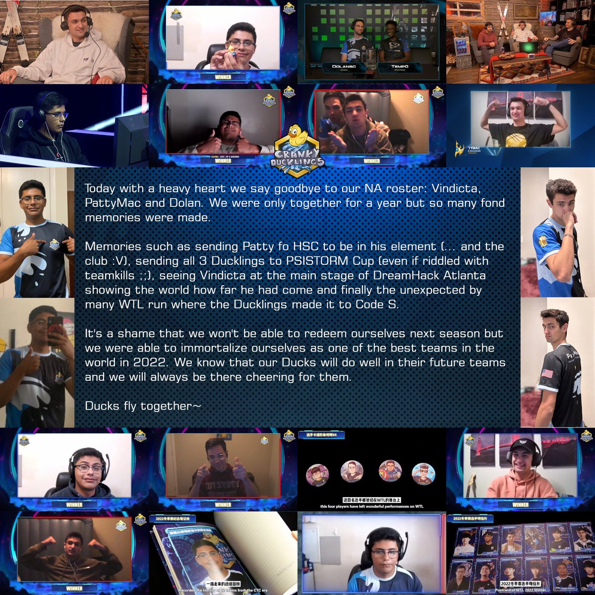 ( * )&lt; Today with a heavy heart we say goodbye to our NA roster: 🇺🇸 <a href="/Vindicta_sc2/">Migs</a> 🇺🇸 <a href="/PattymacSc2/">PattyMac</a> 🇺🇸 <a href="/DolanSC/">Paul Dolan</a> 

We wish them the best of luck in their future teams and we will always be there to cheer for them.

Ducks fly together~

🦆 tl.net/blogs/607807-g…