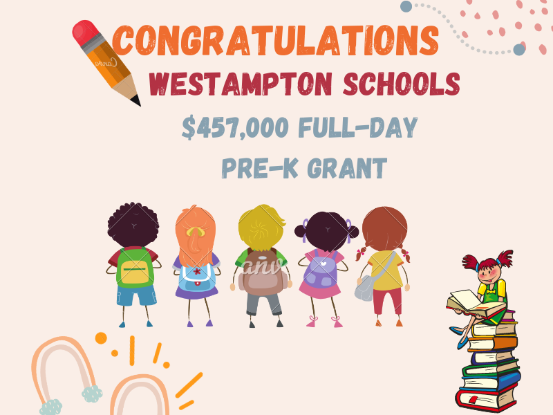 Westampton Schools secured nearly half a million dollars in grant funding from the state of New Jersey to fund full-day Pre-K. 

Congratulations on this great news! It’s vital we support our children and enable parents to have time to work and support their families.