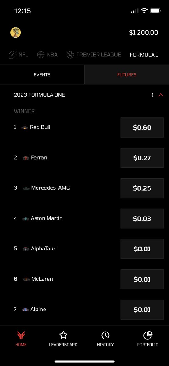 frontrunnerxyz's tweet photo. Fruuuuuummmmmm 🏎️🏁

F1 Markets are now Live on Frontrunner 🎉

Who's your favorite team? ⬇️ https://t.co/VX6i6AvvqE