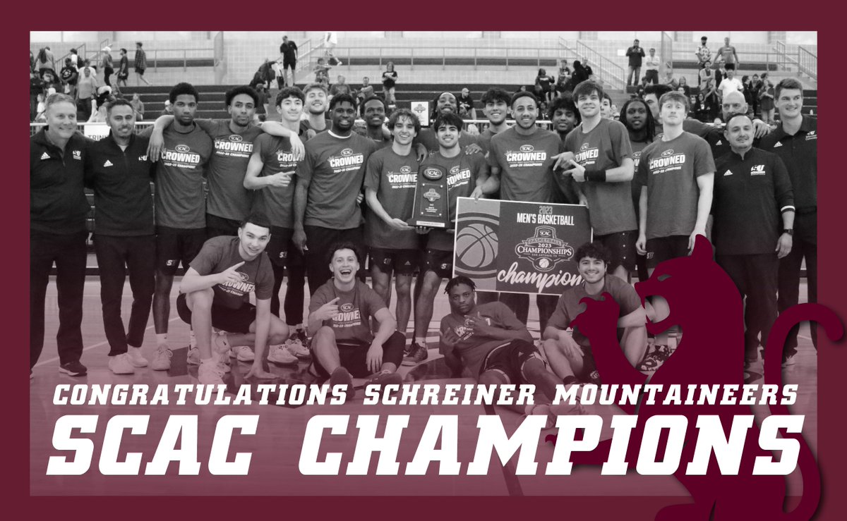 CONGRATULATIONS to the Schreiner University Men's Basketball team! Their 69-67 victory over Trinity University crowned them the 2023 SCAC Conference Champions!! Go, Mountaineers! 🏀🐾
#SCACChamps #SCACMbb #SCACPride #d3hoops #GoNeers  #Schreiner100 #WeAreSchreiner