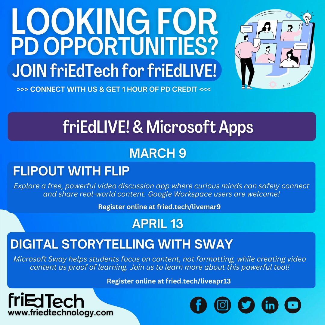 friEdTechnology's tweet photo. Next up in some amazing PD discussions: join friEdTech March 9 at 4 PM CST to explore Flip! Participants will leave with 1 hour of PD credit. 🎉 See you there! #friedfan #edtech #friedlive https://t.co/EPDjvrJM6l