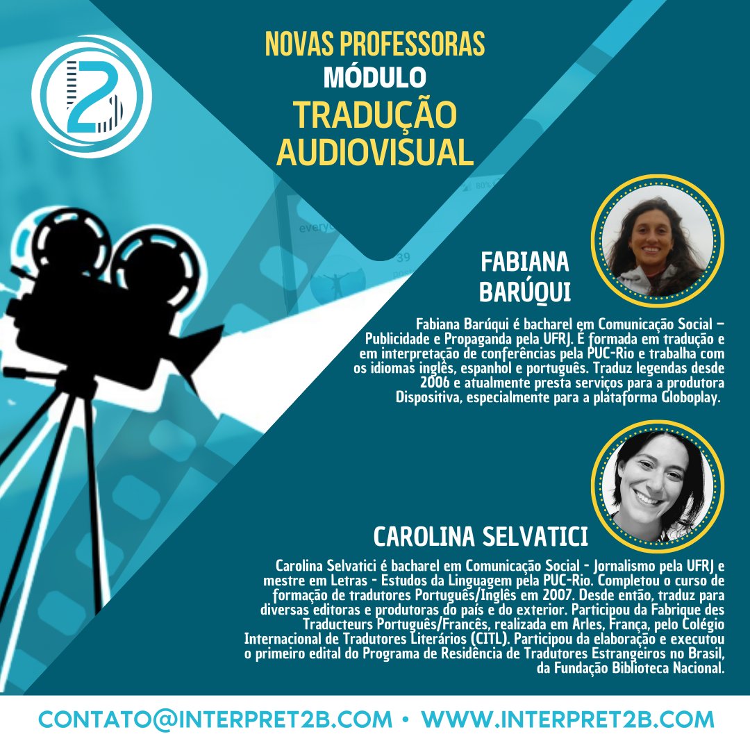 Interpret2b's tweet photo. A partir de março, Fabiana Barúqui e Carolina Selvatici serão as novas professoras do módulo Tradução Audiovisual.

Sejam bem-vindas, meninas!
Sucesso nessa nova jornada! 🚀

#interpret2b #i2b #cursodetradução #traduçãoaudiovisual https://t.co/dxMt3YjQPG