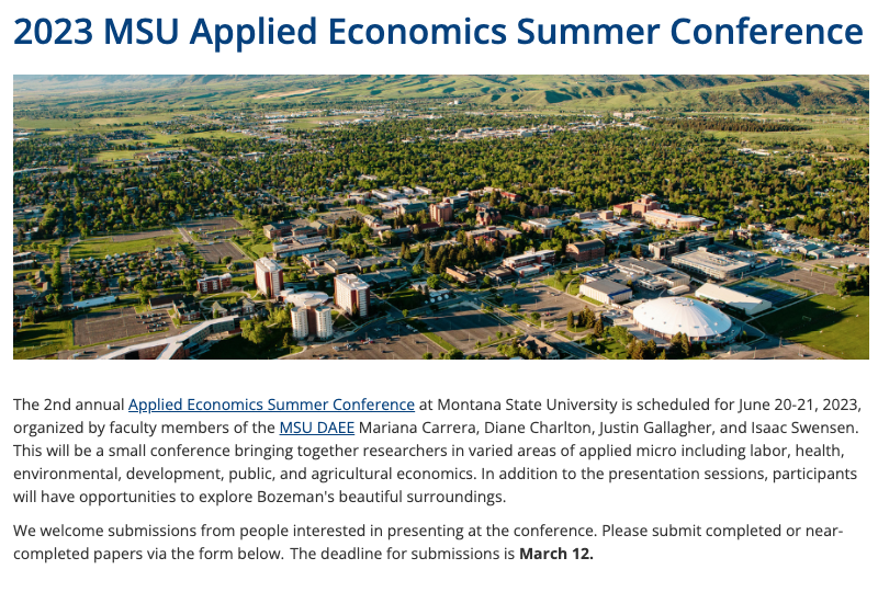 The paper submission portal is live for our 2023 Applied Economics Summer Conference (June 20-21)! 
montana.edu/econ/summercon…