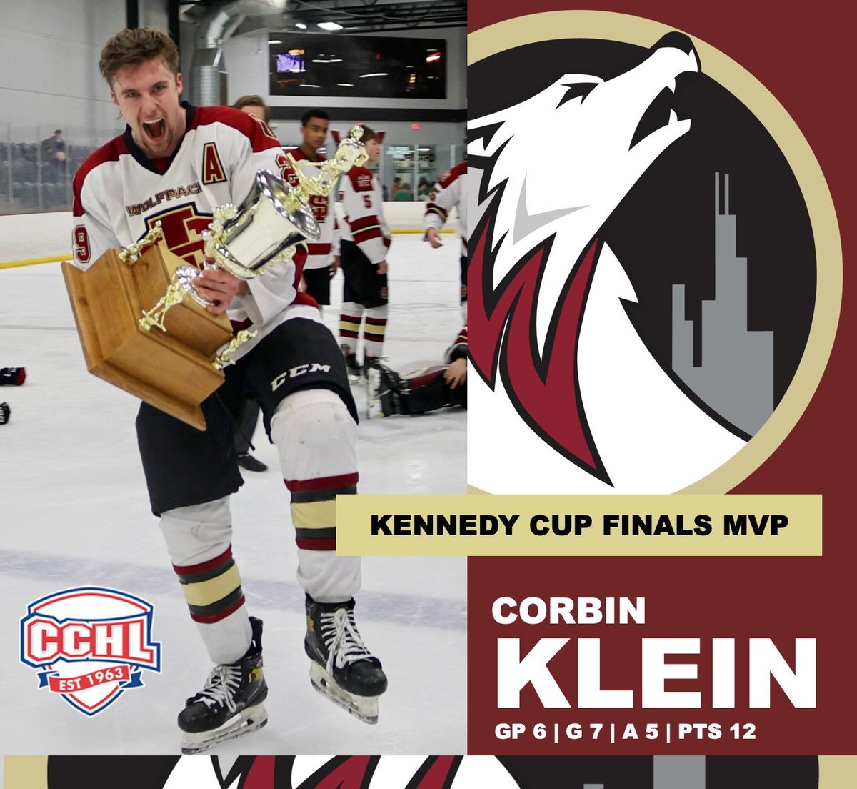 Congratulations @CorbinKlein1 2️⃣ Time Kennedy Cup Champion & 2023 CCHL Kennedy Cup Finals MVP #packpride 🐺🏆 🏆