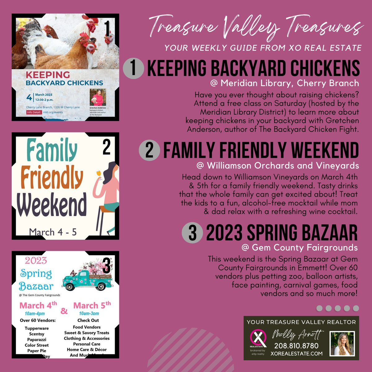 MolDizzle's tweet photo. Top 3 Treasures: 
1️⃣ Keeping Backyard Chickens @ Cherry St Library, Meridian 
3/4 12:30p https://t.co/I9myrAAE9h
2️⃣ Family Friendly Weekend @ Williamson Vineyards, Caldwell 
3/4&amp;5 https://t.co/qmglPIc6GK
3️⃣ Spring Bazaar @ Gem County Fairgrounds, Emmett 
3/4 11a-4p &amp; 3/5 10a-3p https://t.co/CA3d4HDCGW