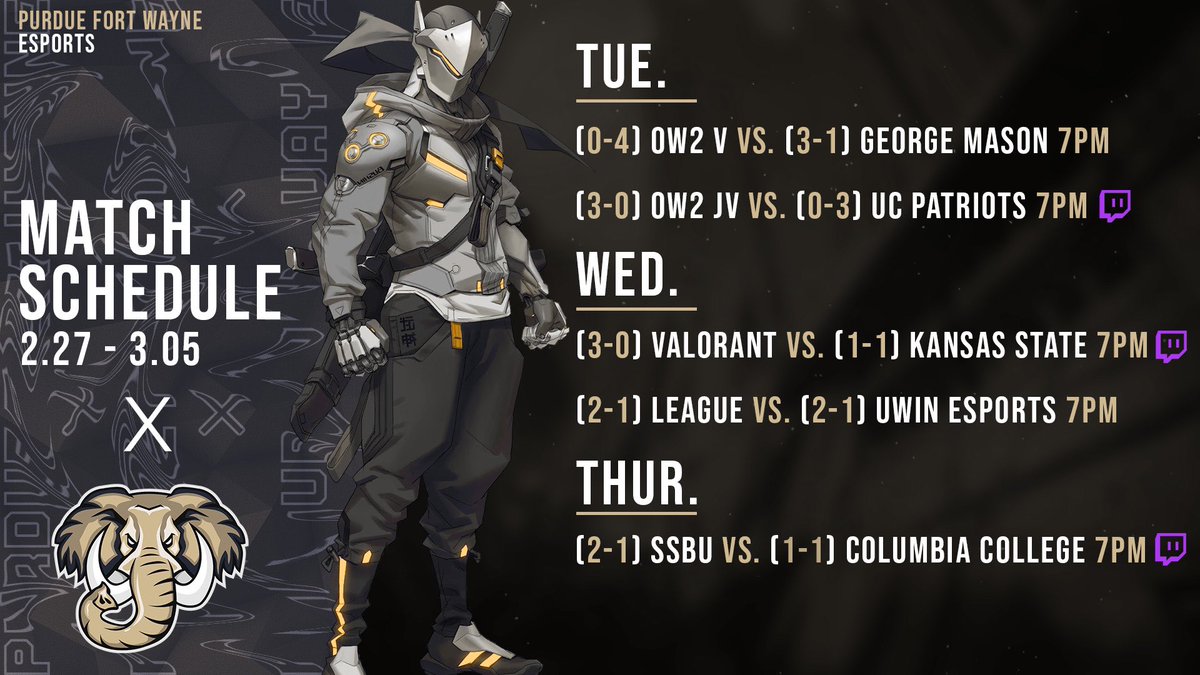 Purdue Fort Wayne Esports (@pfwesports) on Twitter photo Dons, we have some exciting games this week!
Tuesday: Varsity Overwatch vs. <a href="/GMU_Esports/">George Mason Esports</a>
JV Overwatch vs. <a href="/UCPatsEsports/">UCEsports</a>
Wednesday: Varsity Valorant vs. <a href="/kstate_esports/">K-State Esports</a>
Varsity League of Legends vs. <a href="/UWinEsports/">UWindsor Esports Club</a>
Thursday: SSBU vs. <a href="/CCscEsports/">Columbia College - SC Esports</a>
Stream times listed below! Dons, we have some exciting games this week!
Tuesday: Varsity Overwatch vs. <a href="/GMU_Esports/">George Mason Esports</a>
JV Overwatch vs. <a href="/UCPatsEsports/">UCEsports</a>
Wednesday: Varsity Valorant vs. <a href="/kstate_esports/">K-State Esports</a>
Varsity League of Legends vs. <a href="/UWinEsports/">UWindsor Esports Club</a>
Thursday: SSBU vs. <a href="/CCscEsports/">Columbia College - SC Esports</a>
Stream times listed below!