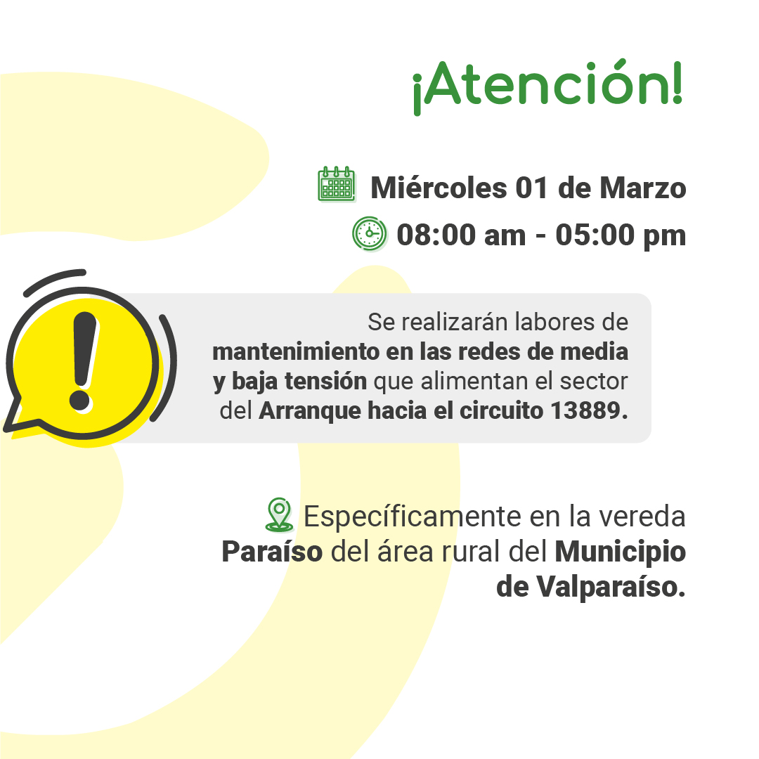electrocaqueta's tweet photo. ¡Atención! 📣⚡ Interrupción programada para el día Miércoles 01 de Marzo en algunos sectores de los Municipios de Florencia, San Vicente del Caguán, Valparaíso y El Doncello. Trabajamos para mejorar nuestros servicios. 🙌🏼 https://t.co/pDDuG988FG