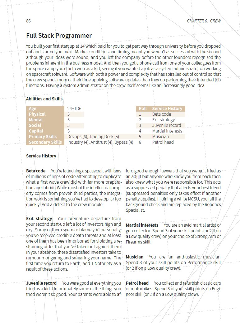 This RPG book owns and you should buy it. It's basically an encyclopedic hard sci-fi setting kit, with just an over the top amount of love, detailing and thought put into it.