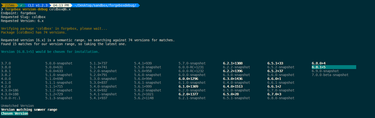 bdw429s's tweet image. I've added a cool little command called "forgebox version-debug" to #CommandBox vNext which will help debug which package versions a semantic version range matches. #CFML #CLI #ColdFusion