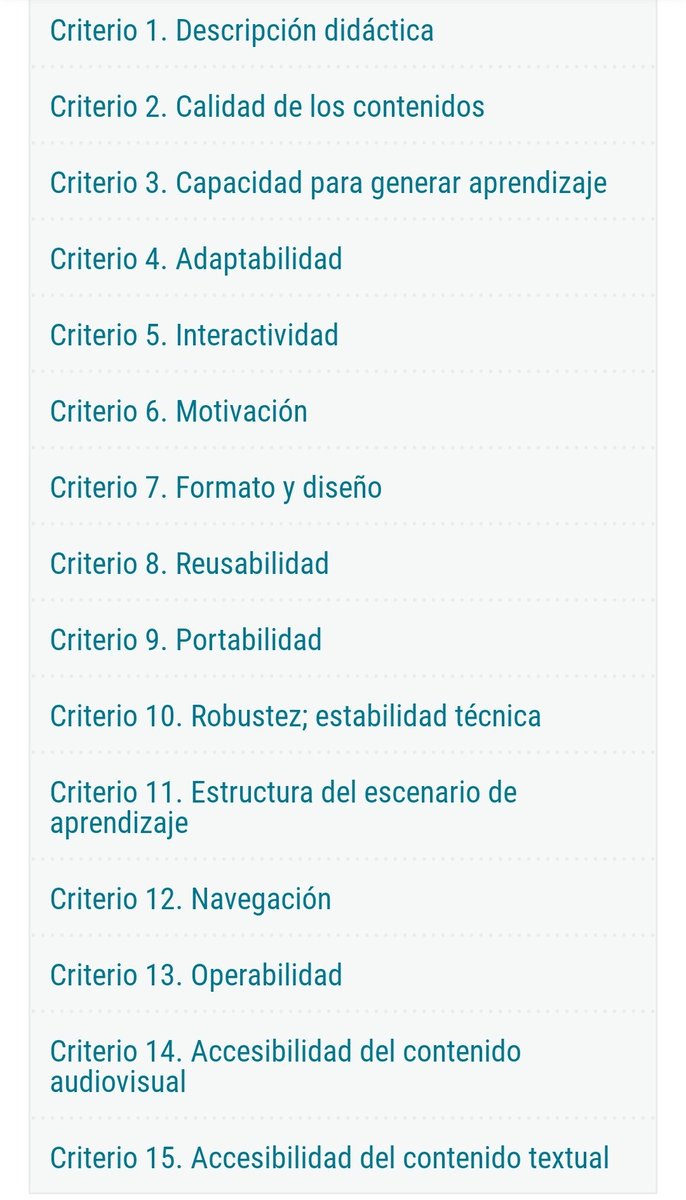 ¿Cómo EVALUAR si un RECURSO DIGITAL es de CALIDAD❔️

Los1️⃣5️⃣ criterios:
🔷️Descripción didáctica aprendizaje
🔷️Calidad de los contenidos
🔷️Capacidad generar aprendizaje
🔷️Adaptabilidad
🔷️Interactividad
Sigue⬇️
De <a href="/educaINTEF/">Educación INTEF</a> 
#REA #calidadeducativa #competenciadigital
