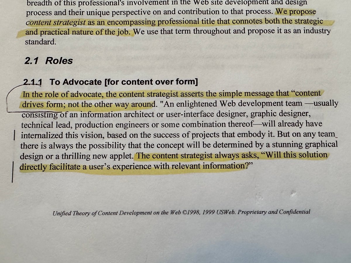 Just found my copy of (what I believe is) the very first document that tried to codify content strategy as A Necessary Thing. It was written in 1998 by Mark McCormick and Molly Wright Steenson. Reader, that was 25 years ago.