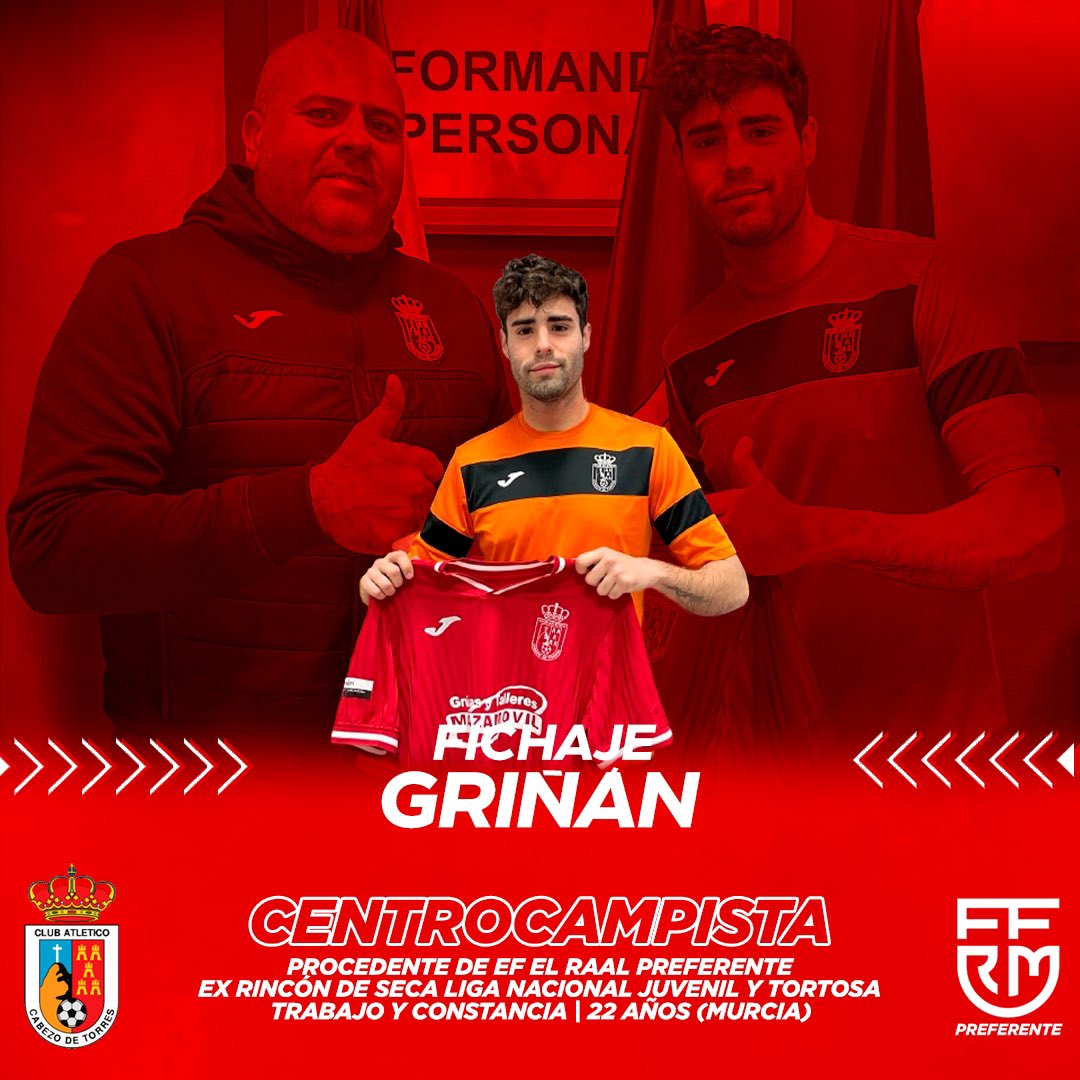 OFICIAL 🚨|

José María Griñán, refuerza la medular rojilla.

Al centrocampista le caracteriza su trabajo y constancia.

🔙 Procedente del <a href="/ef_raal/">EF El Raal</a> de Preferente.
➕ Disputó esta 22/23 10 choques en nuestro 1ª Autonómica.

¡BIENVENIDO!🙌🏻

#VamosCabezo
#SentimientoPimentonero🔴⚪️