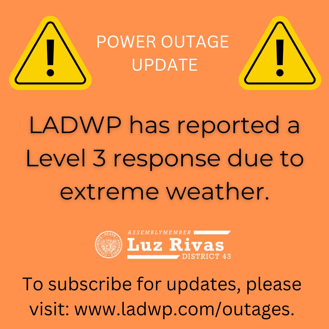 AsmLuzRivas's tweet image. #PowerOutageUpdate:
My office is continuing to work with the Los Angeles Department of Water and Power (LADWP) as many families are still left with no power due to extreme weather. 
I will continue to provide you updates as I hear back.