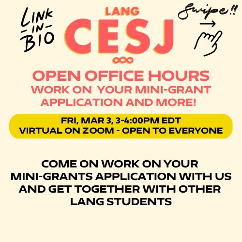 Mini-Grants tabling Tomorrow Feb 28, 3PM at Lang Building B, Lang Café, 1st Flr - FREE SNACKS! Learn more about CESJ Mini-Grants here bit.ly/cesjmg23 <a href="/eugenelang/">Eugene Lang College</a> <a href="/thenewschool/">The New School</a> #CESJMiniGrants