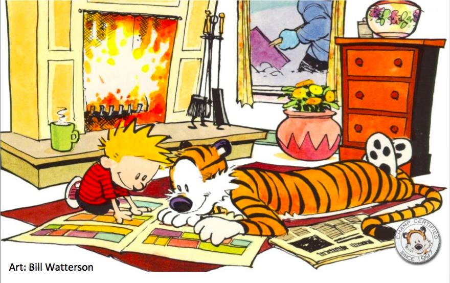 How do we become readers? By READING THINGS WE LOVE! So if you want kids to be readers, let them read what they enjoy. Comic books, picture books, joke books, maps, sports reports, all kinds of poetry &amp; prose: it's all reading, and it's all good! #literacy

(Art: Bill Watterson)
