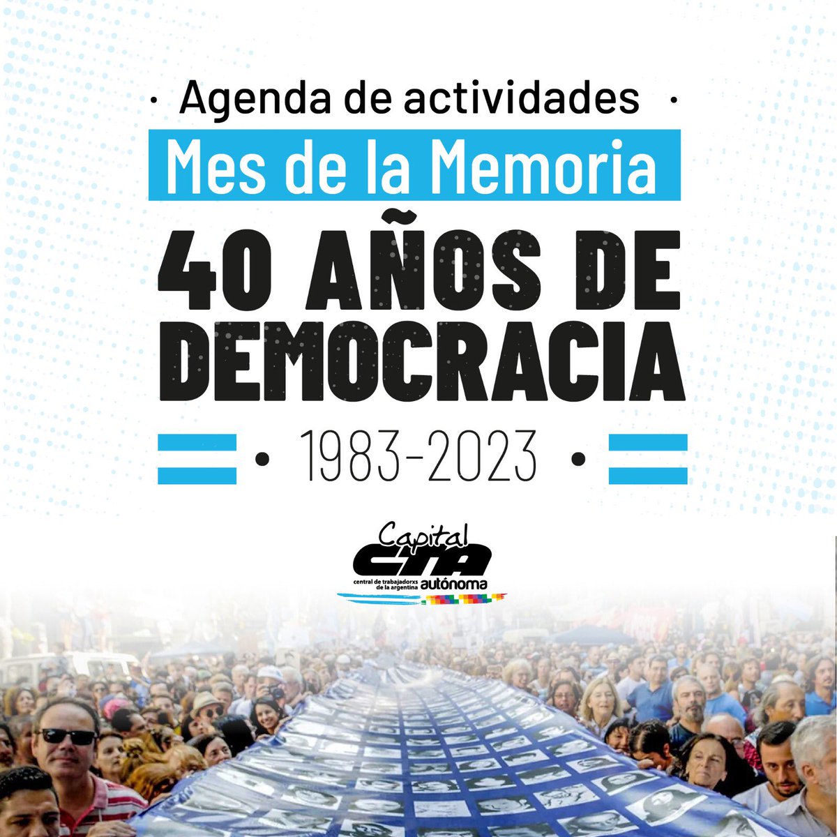 CTAACapital's tweet photo. 📢 Mes de la Memoria
La CTAA Capital realizará durante el mes de marzo una serie de actividades por la Memoria, la Verdad y la Justicia, al cumplirse 47 años de la última Dictadura Cívico-Militar. 
#Son30mil
#FueGenocidio
#NuncaMás 
#Memoria
#Verdad 
#Justicia https://t.co/woj9ZK2Mzb