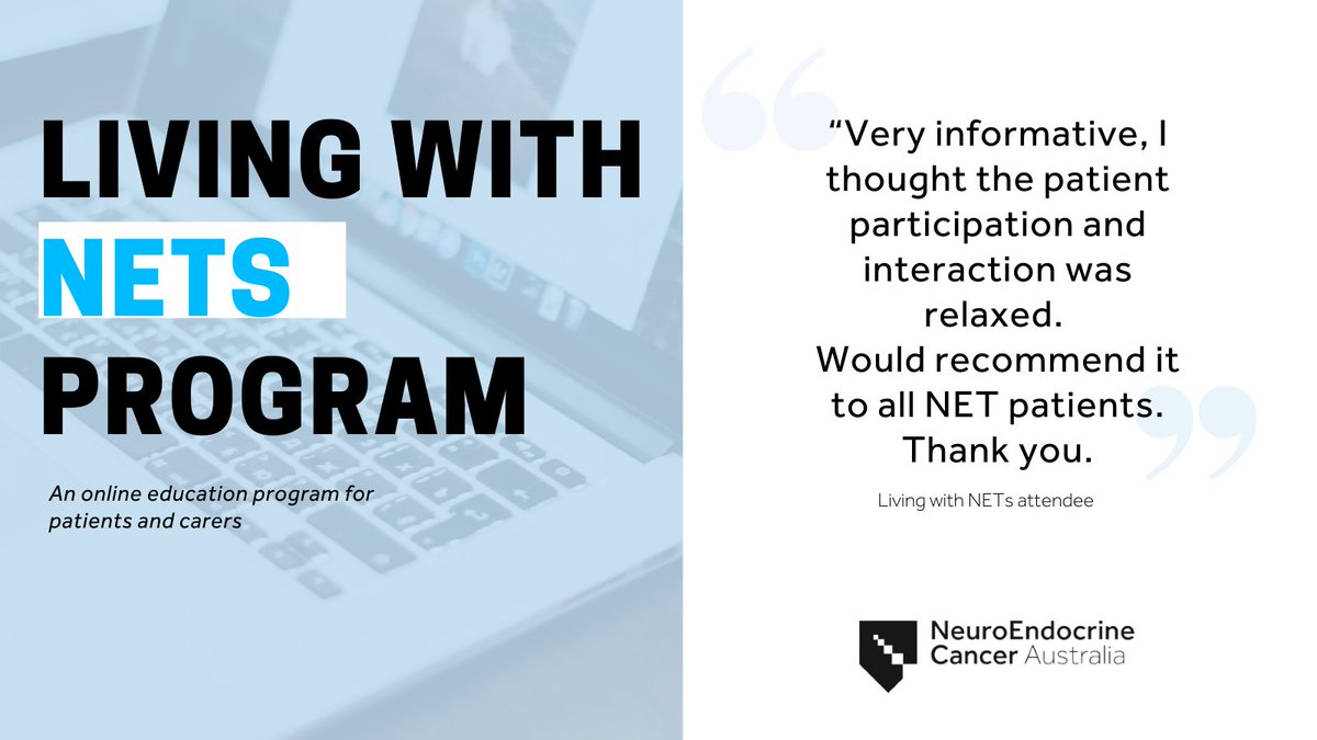 100% of attendees who completed last year's 'Living with NETs' program found the program to be either 'extremely valuable' or 'very valuable'. Registrations are now open Register today: ow.ly/W9kI50MXLnB #LetsTalkAboutNETs #NeuroendorineCancer #NeuroendocrineTumours