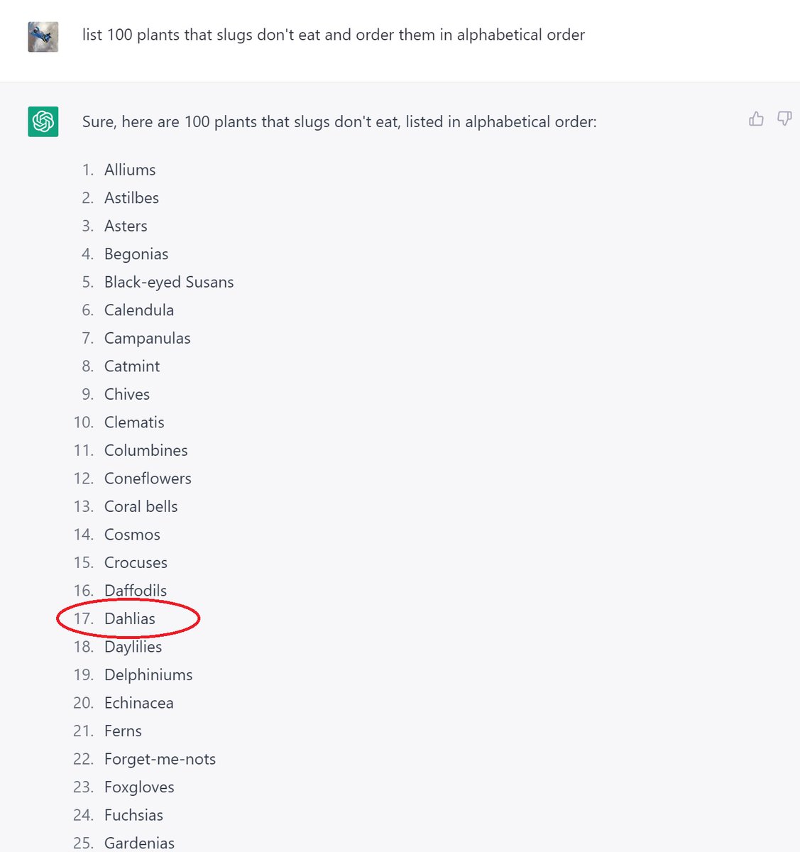 baldscrambler's tweet image. People will lose faith in ai when it produces horrendously incorrect results. ChatGPT claims that slugs don&apos;t eat dahlias. Hmmm... #ai #chatgpt #chatgptfail
