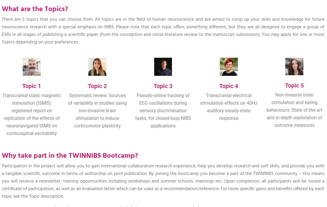 [Mentorship in Clinical Neurophysiology Research] TWINNIBS Bootcamp is a small-group mentorship program for early-stage researchers and allows you to gain international collaboration research experience. 

Application deadline: Mar 17, 2023.

twinnibs.imi.bg.ac.rs/bootcamp/
