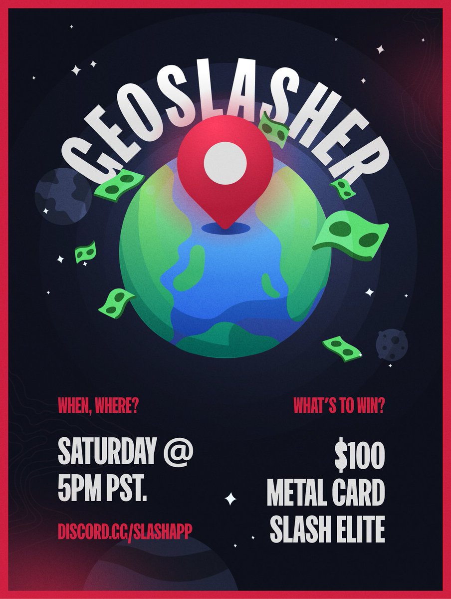 slashapp's tweet photo. 🌎 GeoSlasher™ — Saturday @ 5pm PST.

Participate to win $100, Metal Cards and more...

Where? https://t.co/2L9sB9LaoJ. https://t.co/SmfxjOtOwT