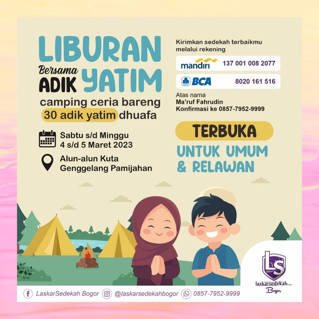 OPEN DONASI
Dari Abu Hurairah r.a berkata: Rasulullah ﷺ bersabda:"Saya dan orang yang memelihara anak yatim di surga, seperti ini (sambil merenggangkan jari telunjuk&amp; jari tengah).”
Penawaran Multi Level Kebaikan membahagiakan adik yatim plus bisa deket Rasulullah ﷺ