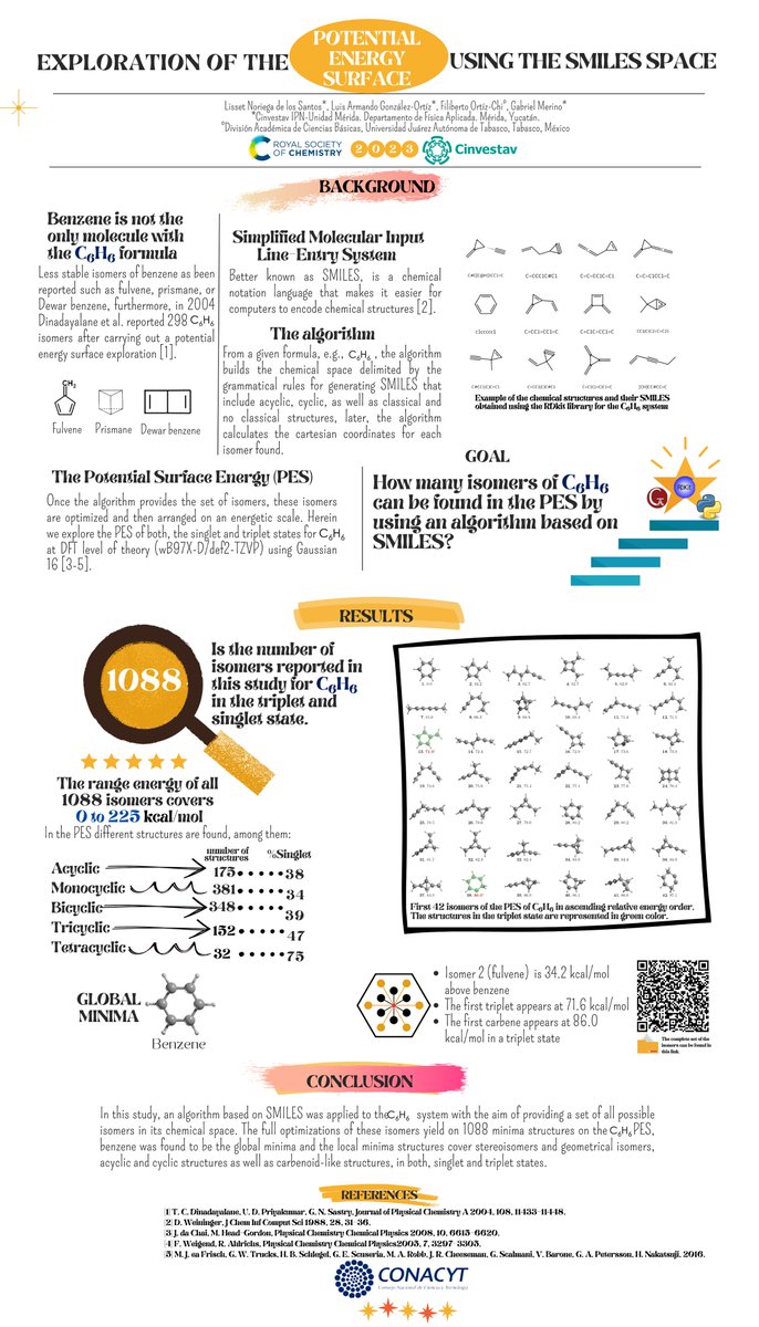 How many isomers are possible for the C6H6 formula⁉️
🔎Find it out  in my #RSCPoster “Exploration of the potential energy surface using the smiles space” #RSCOrg #RSCPhys #RSCDigital 
@RoySocChem @theochemmerida @CINVESTAVMERIDA