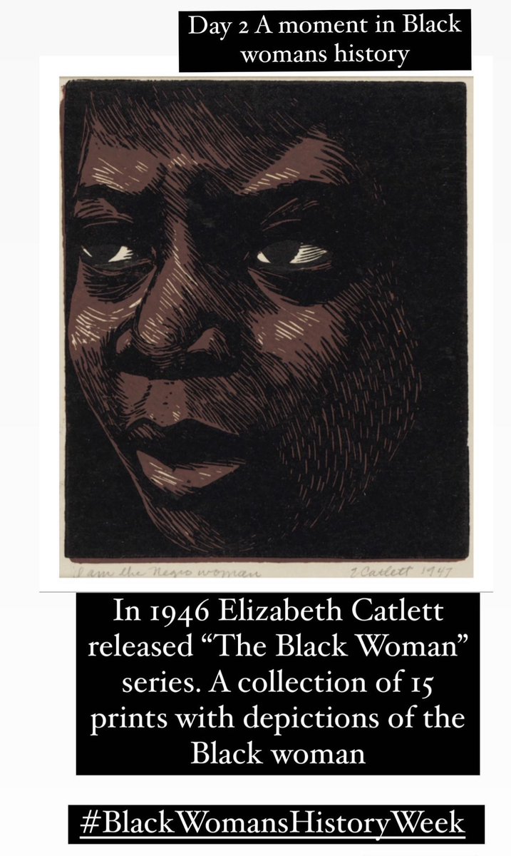 Amberisms_'s tweet photo. Day 2 of #blackwomenshistoryweek I talked about Elizabeth Catlett’s “The Black Woman” series, a 15 print collection that was released in 1946 as one of my favorite moments in Black woman’s history. #BWHW https://t.co/TcWqRA2PRY