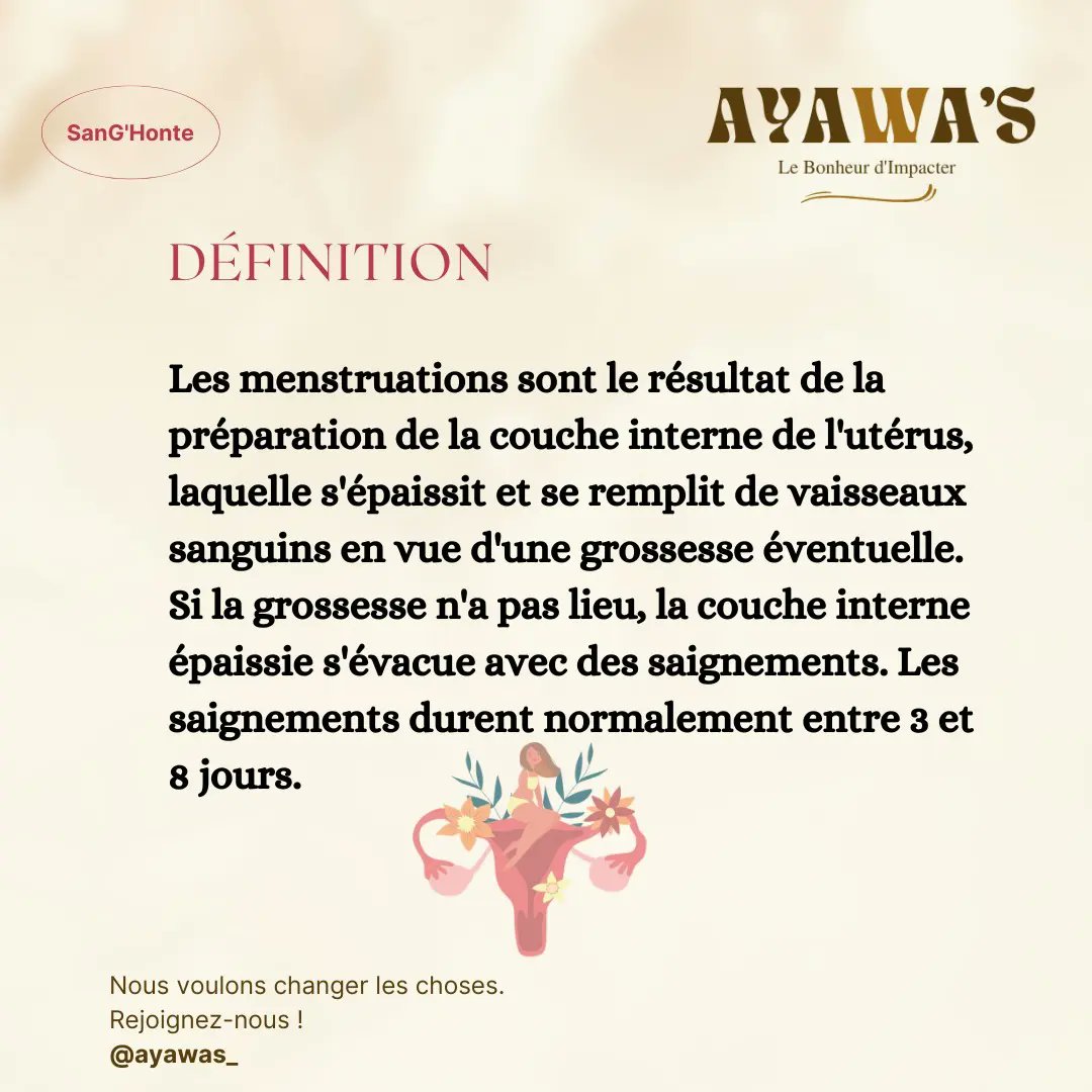 LES MENSTRUATIONS ?
On en parle 🩸SANG'HONTE🩸 !
Les menstrues désignent un écoulement périodique par le vagin composé de muqueuse utérine et de sang et qui survient chez  les femmes entre la puberté et la ménopause
#ayawas
#precaritémenstruelle #hygiènemenstruelle #santésexuelle